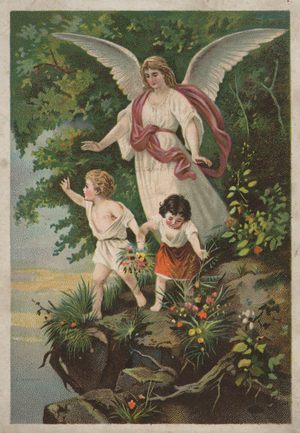 An Angel watching over two young children (chromolitho)