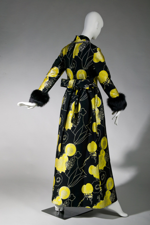 Evening dress, c.1970 (back oblique view), Silk brocade, rhinestone, fox, Oscar De La Renta, France