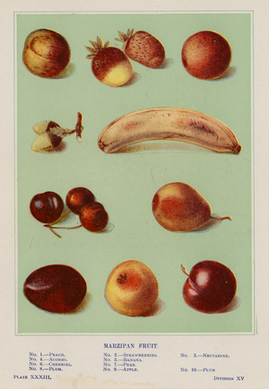 Trade's Cake Book: Marzipan Fruit, Peach, Strawberries, Nectarine, Acorns, Banana, Cherries, Pear, Plum, Apple, Plum (coloured photo)