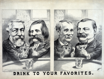 Composite of Two Caricatures of James G. Blaine and John A. Logan toasting each other, and of Grover Cleveland and Thomas A. Hendricks toasting each other, 1884 U.S. Presidential Election Campaign, 1884 (litho)