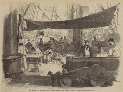 On Board the Highflyer just before going into Action on 11 June (engraving)