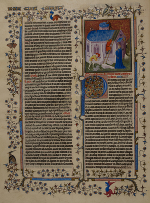 Miniature of the building of the Temple in Jerusalem, with King Solomon looking on. Below, 1 Kings, chapter 6, beginning with decorated initial 'P'