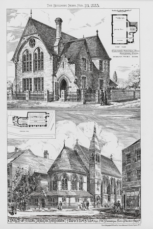 Edburgh's Parochial Hall, Bicester, Oxon; Church of Saint Philip, Charlotte Street, Hull (engraving)