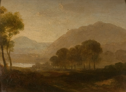 A landscape with a view of a castle beyond a lake (oil on canvas)