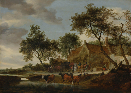 Landscape with Travellers before an Inn near a Watering Place, 1660 (oil on panel)