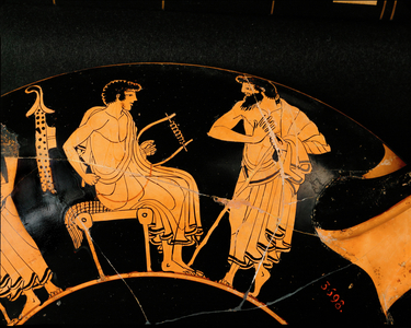 Music lesson, a pupil learns to play the lyre (terracotta)