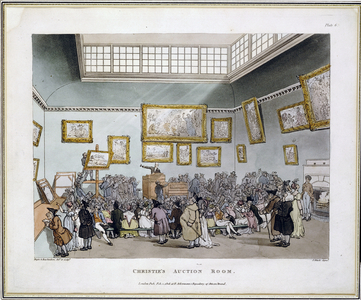 Christie's Auction Room, from 'Microcosm of London' by J. Bluck, published by R. Ackermann, 1808 (coloured aquatint)