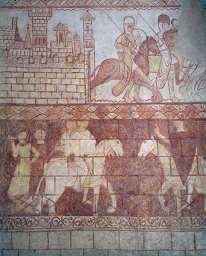 Departure of the Crusader Templar knights in 1163 from their Syrian castle of Krak des Chevaliers for the battle of Boquée  (fresco)