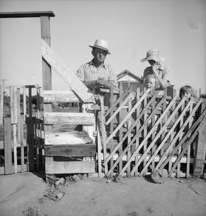 Family from Oklahoma, have been migratory workers now on Works Progress Administration (WPA), California, 1939 (b/w photo)
