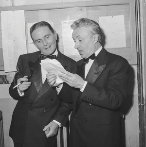 Gala "Leurs premiers pas" ("Their first steps") at the Theatre des Varietes in Paris on June 19, 1950 : French actors Pierre Blanchar and Noel Noel (Lucien Edouard Noel) (b/w photo)