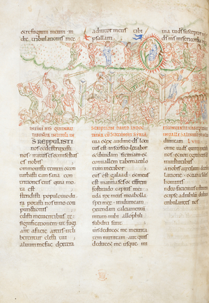 Illustration to Psalm 59. Above, Christ with angels; below, a walled town besieged by soldiers