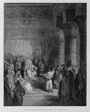 Joseph interprets the dreams of the Pharaoh of Egypt, Illustration from the Dore Bible, 1866