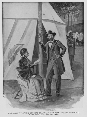 Mrs Grant visiting General Grant at City Point below Richmond, near the close of the war (litho)