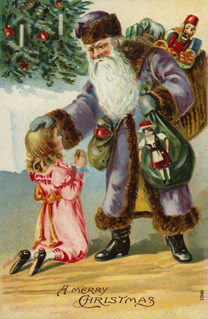 Santa Claus blessing a young girl (colour litho)