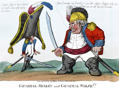 General Monkey and General Wolfe', 1803. John Bull (Britain) standing up to Napoleon saying '...you are all hat a Breeches'. At this date Napoleon made plans for the invasion of England and seizure of Hanover. France French