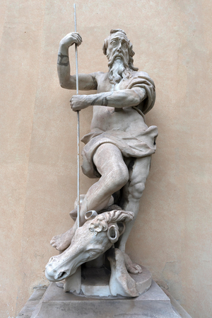 Large male sculpture with horse in the garden of Palazzo Reale, Via Balbi, 10, Genoa, Italy, Europe, 2023 (photo)