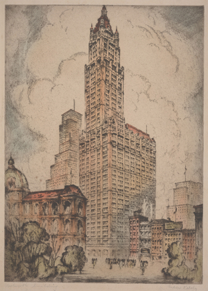 Woolworth Building, c.1915 (hand-coloured etching)