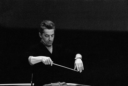 Conductor Herbert von Karajan recording Bruckner's 8th symphony with the Berlin Philharmonic at the Grunewald Church in Berlin ..., 1957 (photo)
