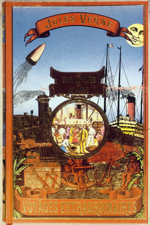 Cover of book "Le tour du monde en 80 jours" ("Around the World in Eighty Days") by Jules Verne, illustration by Neuville and Benett, 1897