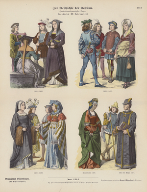 French costumes of the 15th Century (coloured engraving)