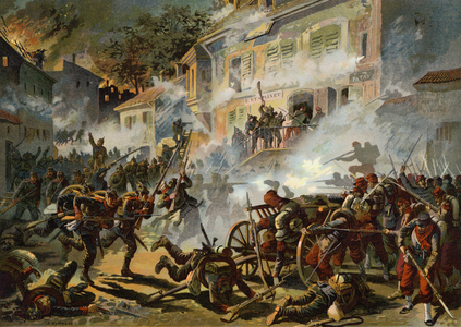 The German 22nd Infantry Division storming French positions at Chateaudun, Franco-Prussian War, 18 October, 1870 (chromolitho)