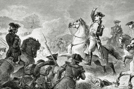 American Revolutionary War (1775-1783). George Washington commanding the Continental Army in the Battle of Monmouth (1778) (engraving)
