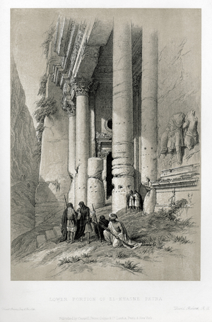 Lower portion of El Khasne-Petra-old city and tombs in the desert by David Roberts