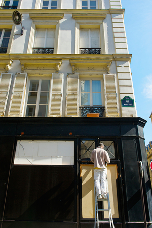 A man on a ladder repairing the exterior of a residential building, Paris, France (photo)