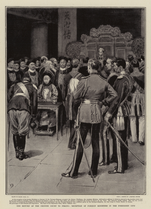 The Return of the Chinese Court to Peking, Reception of Foreign Ministers in the Forbidden City (litho)