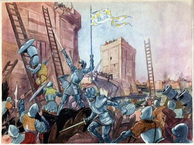History. France. Hundred Years' War. Joan of Arc delivers the city of Orleans, 1429. Illustration in : Belles images d'Histoire, by H. Geron, c.1948 Coll. Part. (print)