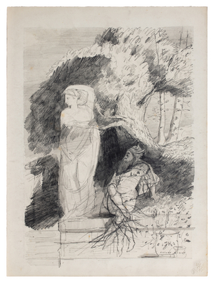The Faun and the Statue, (pencil and ink on paper)