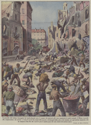 Recovering building materials from buildings in Milan damaged in air raids, 1945 (colour litho)