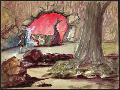 Siegfried fight Fafner. circa 1880 (illustration)