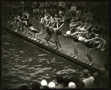 Cascades Pool, Jerome Ave. and 169th Street, Bronx: contest of twins, New York, USA, c.1920-38 (gelatin silver photo)