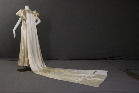Wedding dress and train, 1933 (back oblique view), Silk satin, silk-thread embroidery, Blum's Vogue