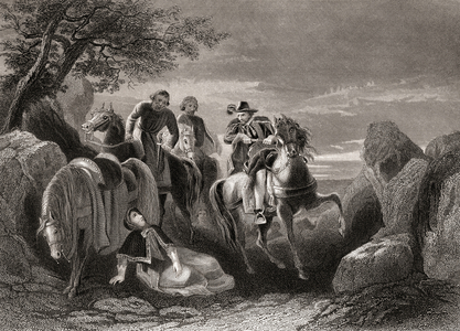 The Flight of the Earl of Tyrone, 1607. Hugh O'Neill, c. 1550  1616.  Irish Gaelic chieftain, earl of Tyrone, aka the Great Earl, later created The Ó Néill and proclaimed the High King of Ireland. Drawn by H.Warren, engraved by J.Rogers.