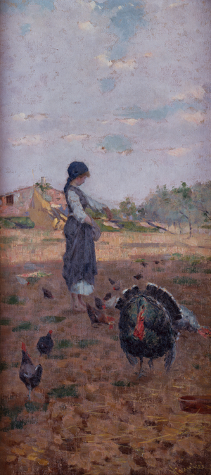 A young Girl feeding Turkeys (oil on canvas)
