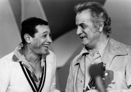 French Singers Henri Salvador and Georges Brassens during TV Programme in Paris, June 2, 1978 (b/w photo)