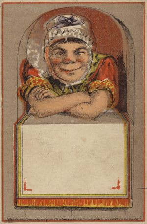 Old woman smoking pipe by window (chromolitho)