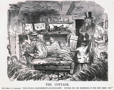 The Cottage': Mr Punch urging a country landowner to raise the standard of housing for his labourers at least to that of his horses. John Leech cartoon from 'Punch', London, 1861. 
