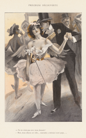 Man flirting with a ballet dancer (colour litho)