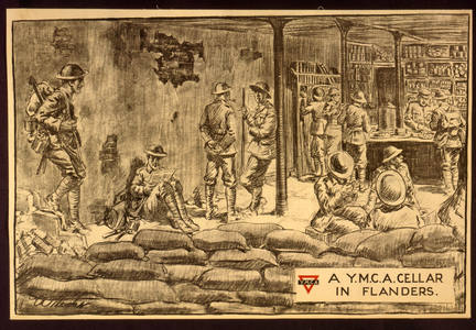 Advertisement "A Y.M.C.A. Cellar in Flanders", 1915 (colour litho)