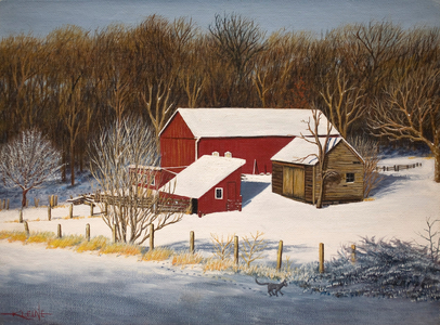 Red Barn in Winter with Cat, Jerome Kleine, (b.20th. C/American), Watercolor