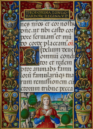 Text page from the Litany with decorated border showing Theodelinda, Queen of the Lombards