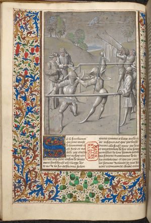 Manuscript illustration of soldiers duelling in the city of Rome. From De Civitate Dei by Saint Augustine.