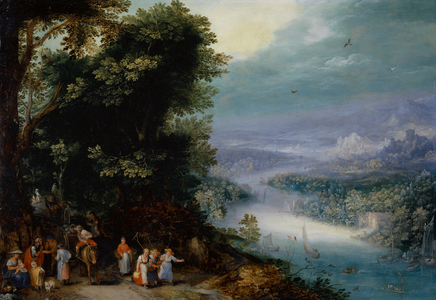 Wooded river valley with road, c.1602 (oil on copper)