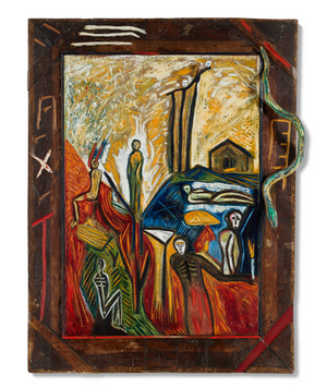 Waking up at Dawn, 1984 (oil on panel in artist's painted frame with painted sculptural element)