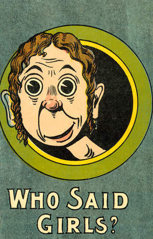 Man looking out of a porthole window at the mention of girls (colour litho)