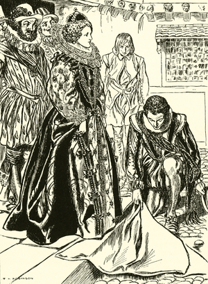 Raleigh spreads his cloak before Elizabeth (engraving)