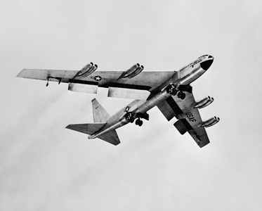 Low angle view of a fighter plane in flight, YB-52 Stratofortress